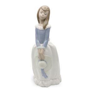 Lladro Figurine Mädchen Mit Hut In Langem Blauem Kleid, 1982, Aus Dem Programm Genommen, Seltene Entdeckung, Miguel Requena NAO Figurine, Elegante Frau, Porzellan Handbemalt